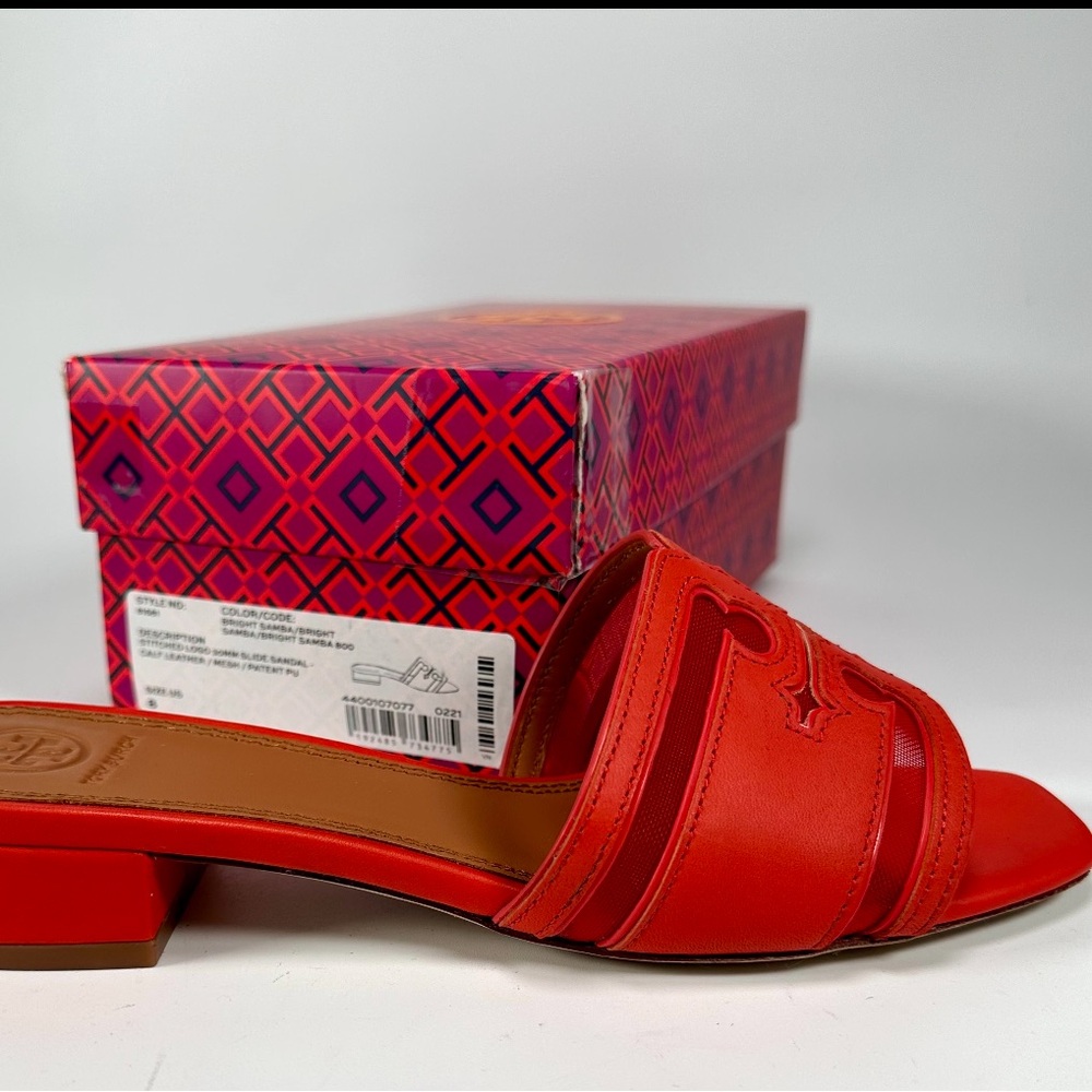 NIB Tory Burch Stitched Logo 30 mm Slide Sandals Calf Leather/Mesh Patent - Picture 9 of 11